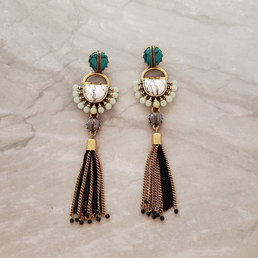 ✨ Stella and Dot Turquoise Marble Chain Tassel Totem Statement Earrings ✨ - Picture 2 of 11